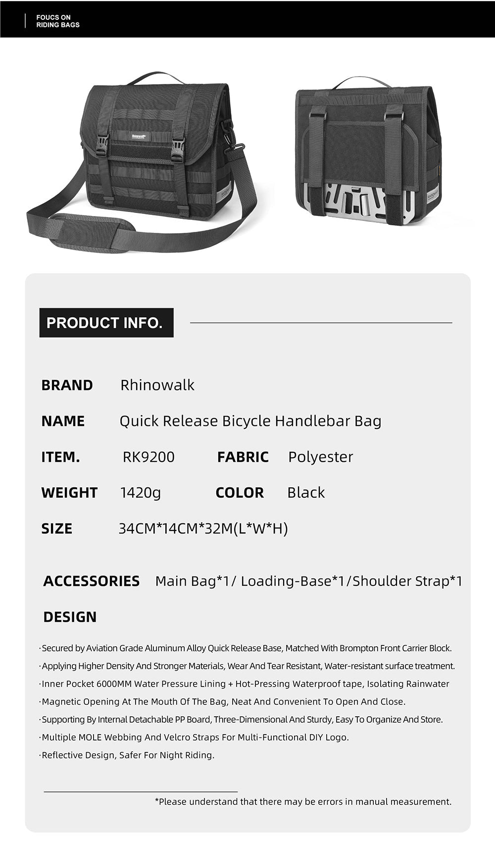 Quick release handlebar bag+mounting plate for Brompton Bikes